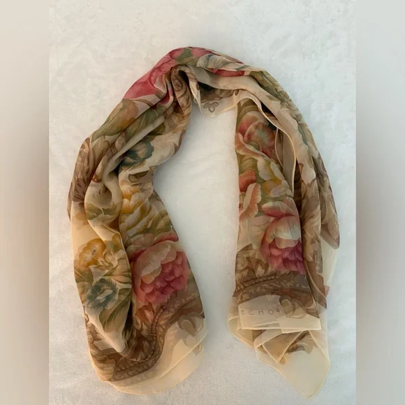 Echo Silk Scarf 36x36 Floral Baroque Print Square Beige Pink Vintage Style - Picture 5 of 6